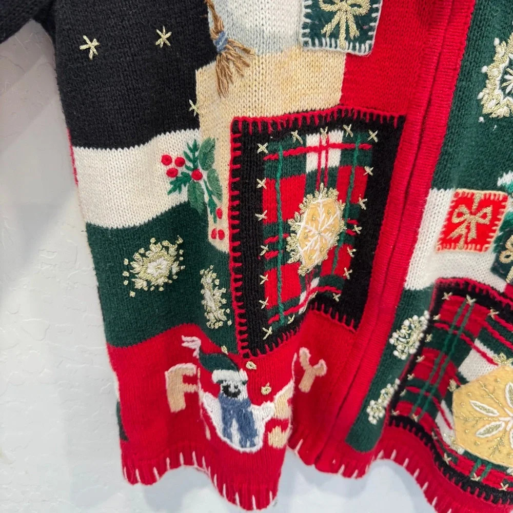 Shaver Lake Christmas Cardigan Sweater Womens Medium Patchwork Embroidered